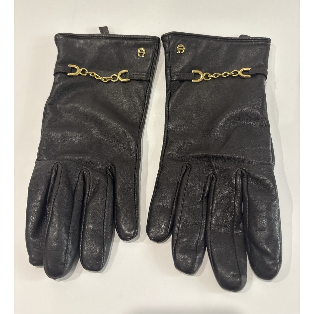 Etienne Aigner Black Leather Cashmere Lined Gloves Women's Medium Gold Bit